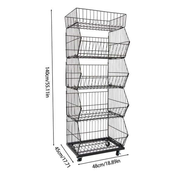 48x45x140cm Retail Display Rack with Wheels, 5 Tiers Black Metal Counter Display Shelf, Slanted Basket Design, Mobile Store Rack for Supermarket, Retail