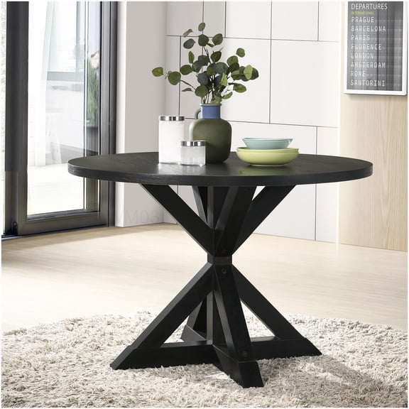 48x48 Inch Black Farmhouse Dining Table with Cross Legs, Rubberwood Kitchen Table for 4-6 People