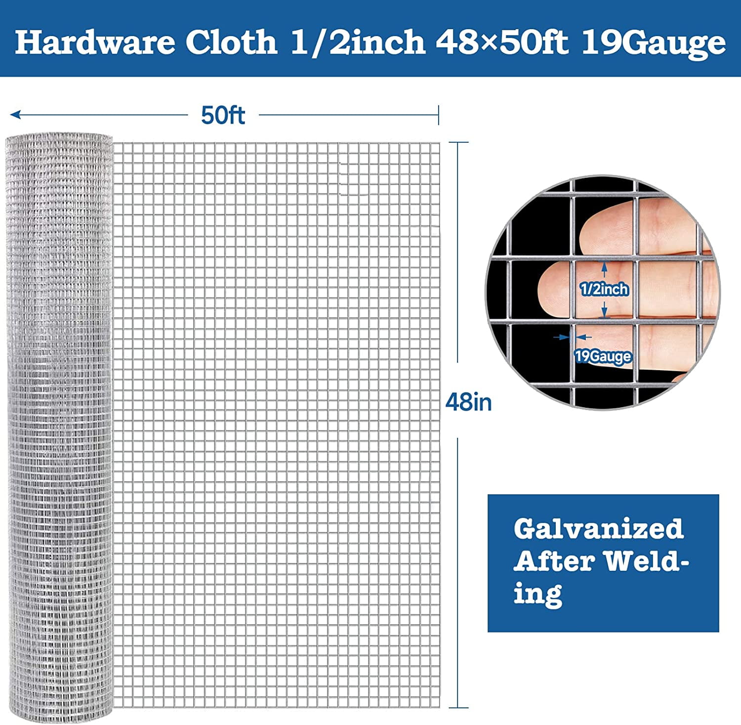 48x50 Hardware Cloth 1/2 In 19 Gauge Square Galvanized Chicken Wire