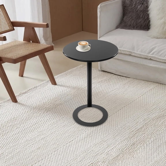 48x69cm Round Side Table Black Side Table for Small Spaces with O-Shaped Base