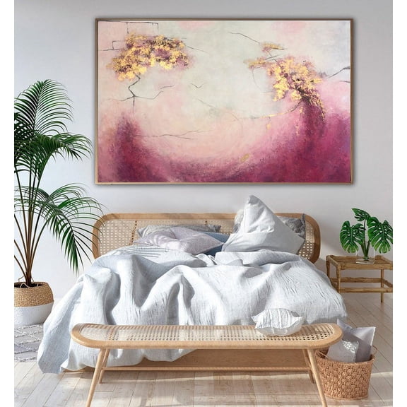 48x75" Abstract Mountains Painting Canvas Pink Wall Art Gold Leaf Artwork Custom Painting Neutral Art Modern Style Art for Interior Design
