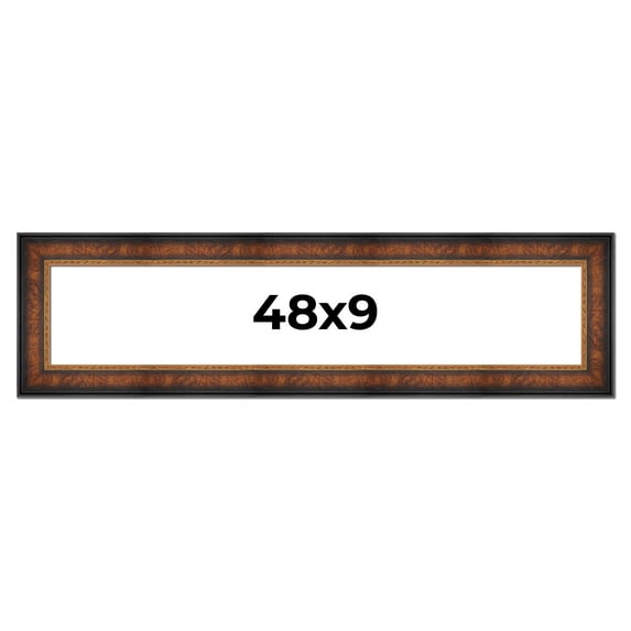 48x9 Frame Brown Walnut Gold Ornate Trim Solid Wood Plein Air Picture Frame | 3 Inch Moulding Width