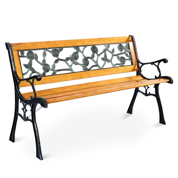 49 1/2" Patio Park Garden Leisure Porch Chair Bench Cast Iron Hardwood Rose