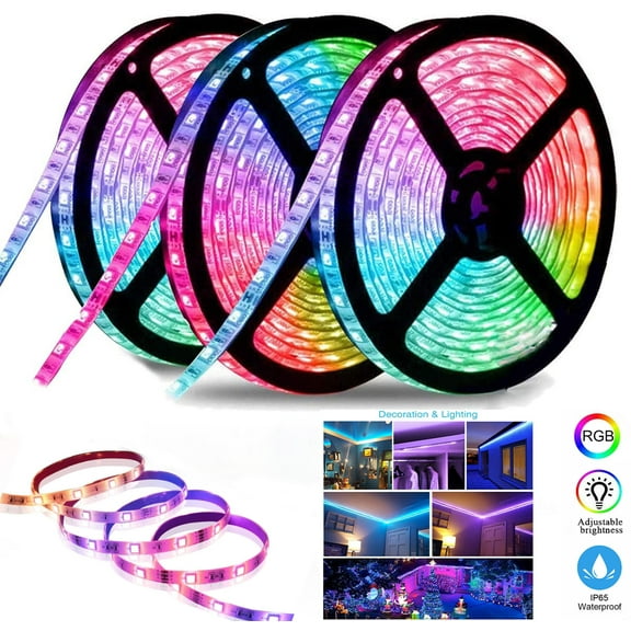 49.2/15M Led Strip Lights 3528 SMD RGB Strip Rope Light with US Power Adapter, Flexible String Tape Lighting Waterproof Self-adhesive+44 Key IR remote control Indoors Christmas Decoration