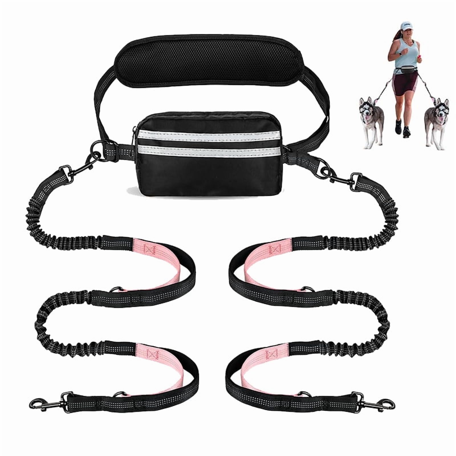 49.2/76.7 Inch Bungee Dog Leash, Black/Pink, Reflective, Dual Handles, Waist Belt, Pouch