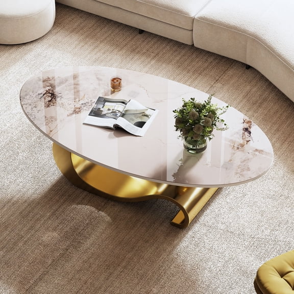 49.2" Faux Marble Oval Coffee Table, Contemporary Gold Stainless Steel Base, Modern Center Table for Living Room