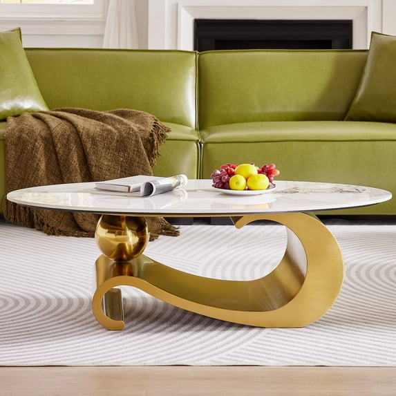 ENSHUI Modern Oval Faux Marble Coffee Table with Sturdy Gold Metal Base