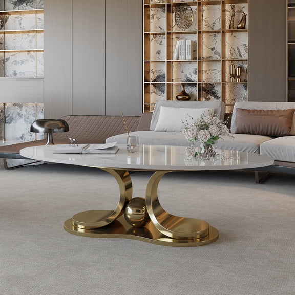 49.2" Modern Faux Marble Coffee Table with Sintered Stone Tabletop, Living Room Table with Stainless Steel Base
