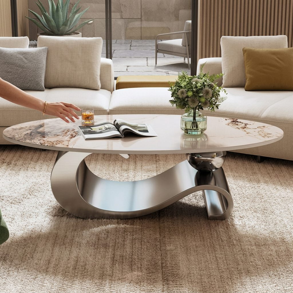49.2" Oval Faux Marble Coffee Table with Gray Stainless Steel Base ...