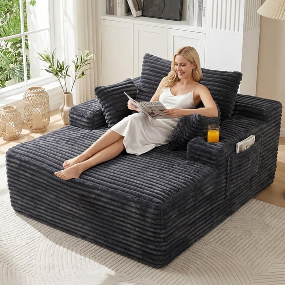 Firscook 60" Oversized Boneless Chaise Lounge Chair, Corduroy Sleeper Sofa with Cup Holder and 3 Pillows, Dark Gray