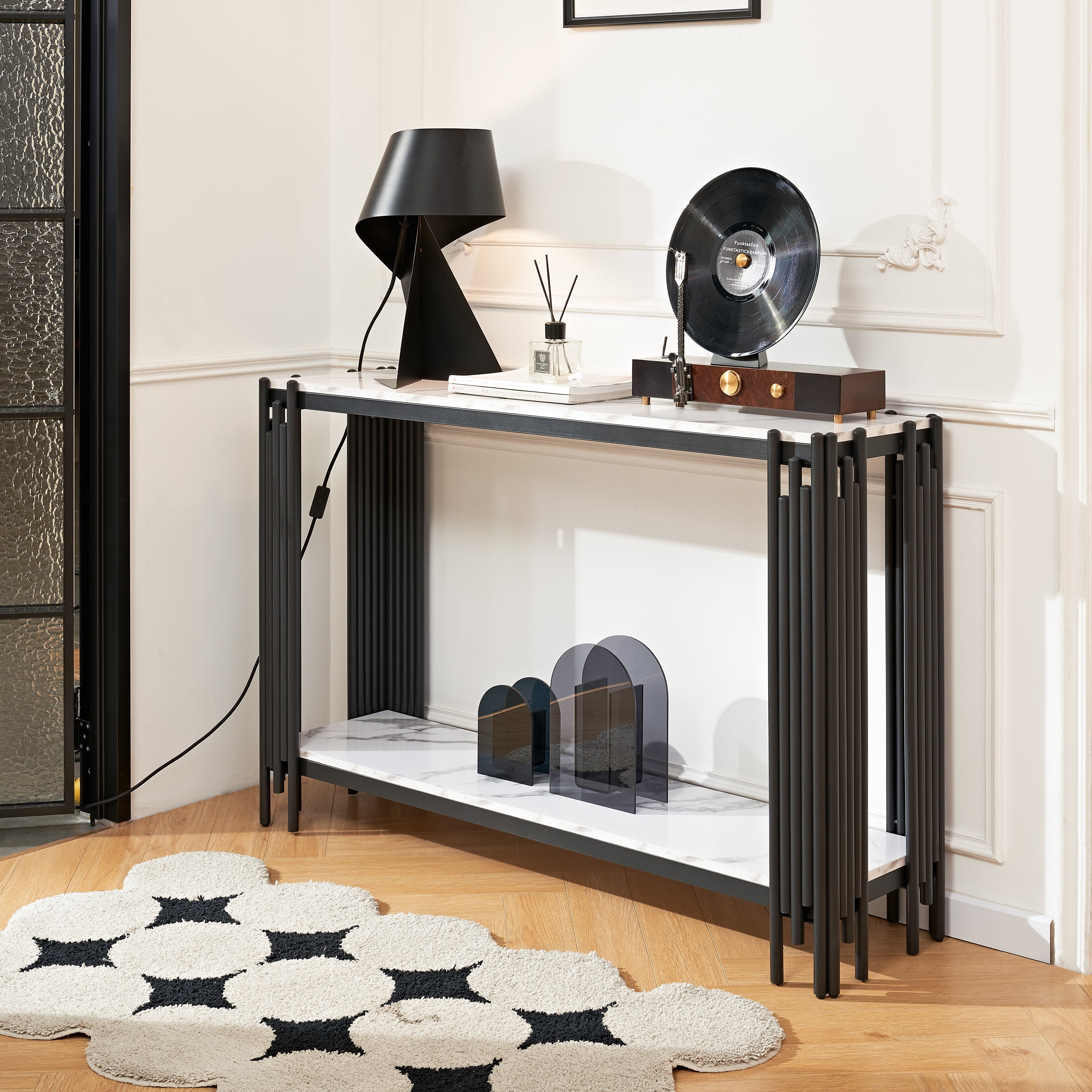49'' 2 Tier Faux Marble Entryway Console Table, Living Room Sofa Entryway Console Table, Modern Narrow Entryway Table, Hallway Entrance Table, Adjustable Feet, for Entrance, Hallway, Black