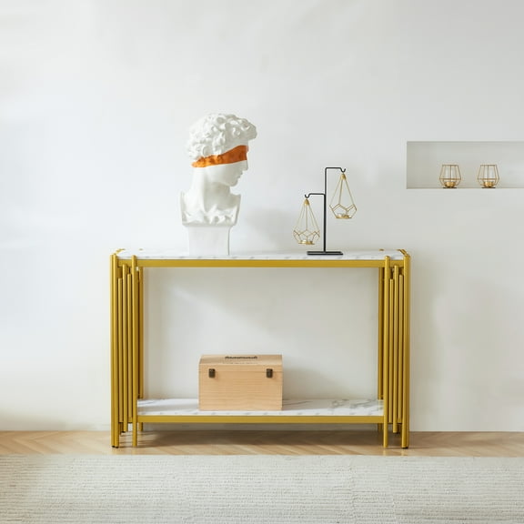 49'' 2 Tier Faux Marble Entryway Console Table, Living Room Sofa Entryway Console Table, Modern Narrow Entryway Table, Hallway Entrance Table, Adjustable Feet, for Entrance, Hallway,Gold