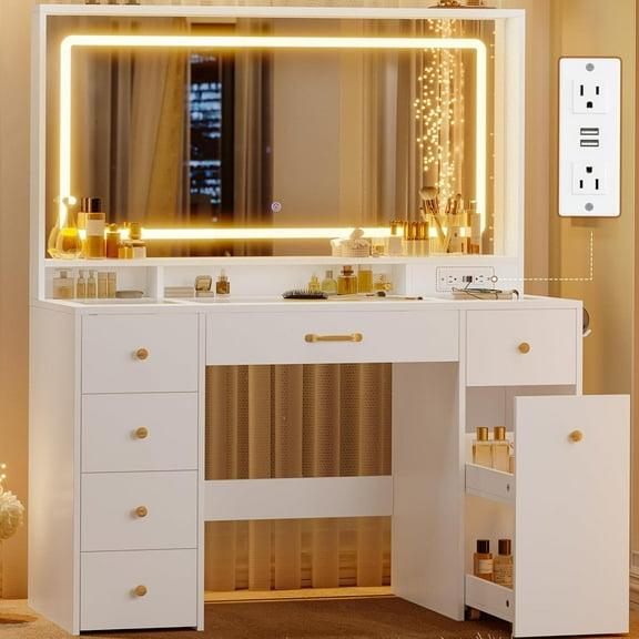 49.3“Large LED Mirror with Lights,Makeup Vanity Desk with 6 Drawers,Power Outlet,Glass Tabletop,Storage Shelf,Rolling Makeup Cart,Hairdryer Rack White