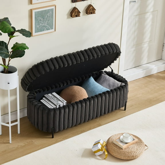 49.2" Wide Faux Fur Flip Top Storage Bench, Storage Ottoman Upholstered with Black Metal Legs, Quick Assembly, Bed End Stool Foot Rest for Living Room, Entryway, Dorm and Bedroom, Charcoal