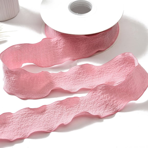 49.2 Yards 1 Inch Pink Ruffle Ribbon Trim Ruffled Edge Ribbon Polyester Double Chiffon Silk Trimming Grosgrain Ribbons with Spool
