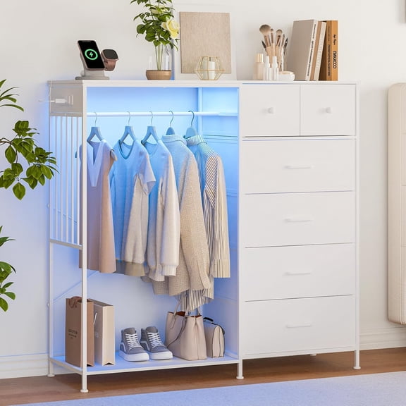 49.2" w Dresser with Hanging Rack & LED Lights, 6-Drawer Closet Organizer with Charging Station, Tall Storage Tower for Bedroom, Reversible Wood Top Chest, Sturdy Frame, White