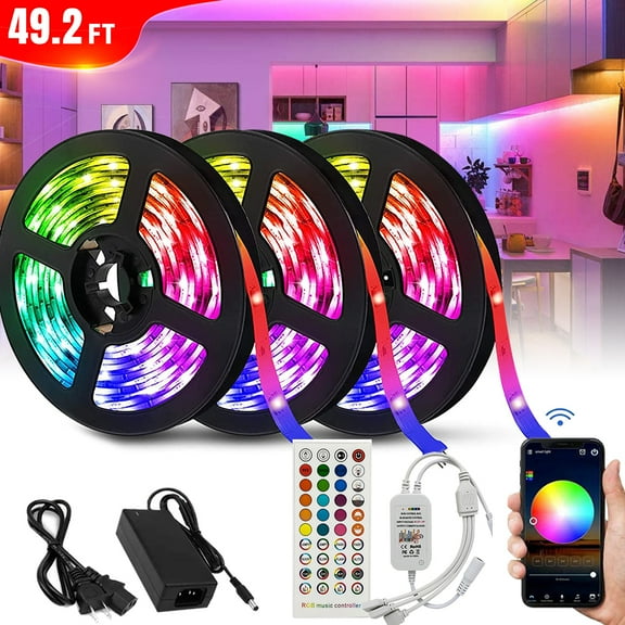 49.2ft LED Strip Lights, Ultra Long Music Sync Timing LED Lights for Bedroom, Kitchen, Bar, Ceiling, Dorm Room Decor with APP and Remote Control, RGB Color Changing LED Light Strips