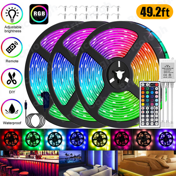49.2ft Led Strip Lights, Ultra Long RGB 2835Color Changing LED Light Strips Kit with 44 Keys Ir Remote Led Lights for Bedroom, Kitchen, Home Decoration