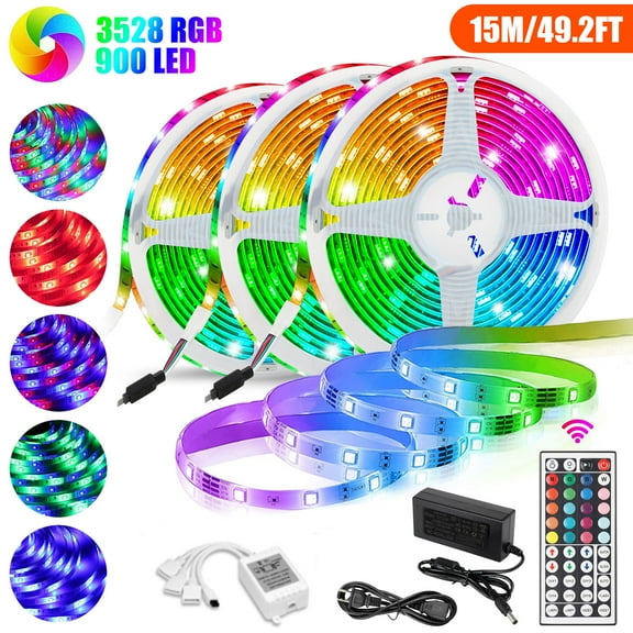 49.2ft RGB LED Light Strips 3528 LED Tape Lights, Color Changing LED Strip Lights with Remote for Home Lighting Kitchen Bedroom Decoration, Power Supply Lights with 44 Key IR Remote Controller