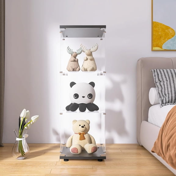 49.3" 3-Shelf Case Glass Display Cabinet in Clear with Single Door, Modern Curio Cabinet Collection Display Case, Floor Standing Bookshelf for Living Room Bedroom Home Office