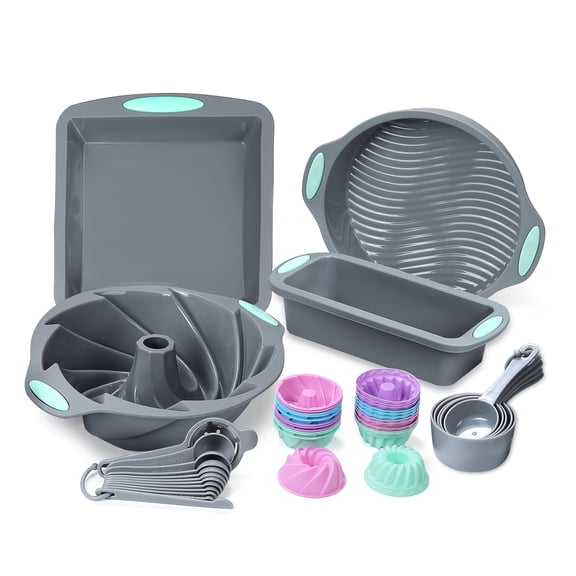 49/45pcs Silicone Baking Pan Set, Silicone Cake Molds, Professional Kitchen Bicolor Baking Pans Set with Cookie Sheets, Muffin Pan, Loaf Pan, Cake Pan, Silicone Baking Cups, and Measuring Cups