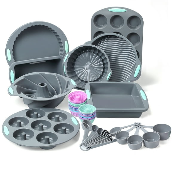 49/45pcs Silicone Baking Pan Set, Silicone Cake Molds, Professional Kitchen Bicolor Baking Pans Set with Cookie Sheets, Muffin Pan, Loaf Pan, Cake Pan, Silicone Baking Cups, and Measuring Cups