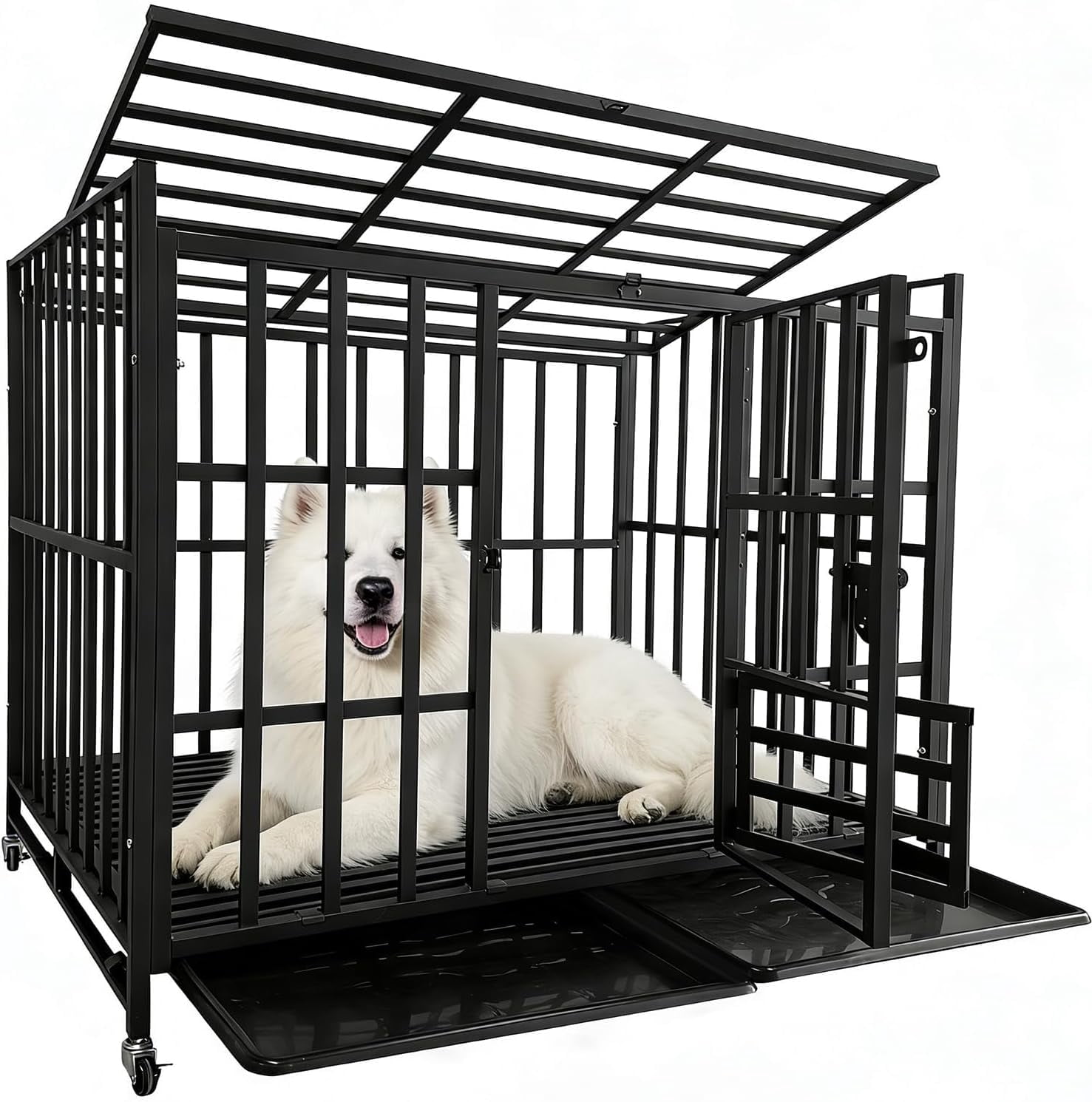 49/48/43/42Inch Heavy Duty Indestructible Dog Crate for Large Dogs,Escape-Proof Steel Kennel for Large Dogs,3Door Design with Lockable Wheels,Extra Large XXL Dog Cage with Removable Tray (43)