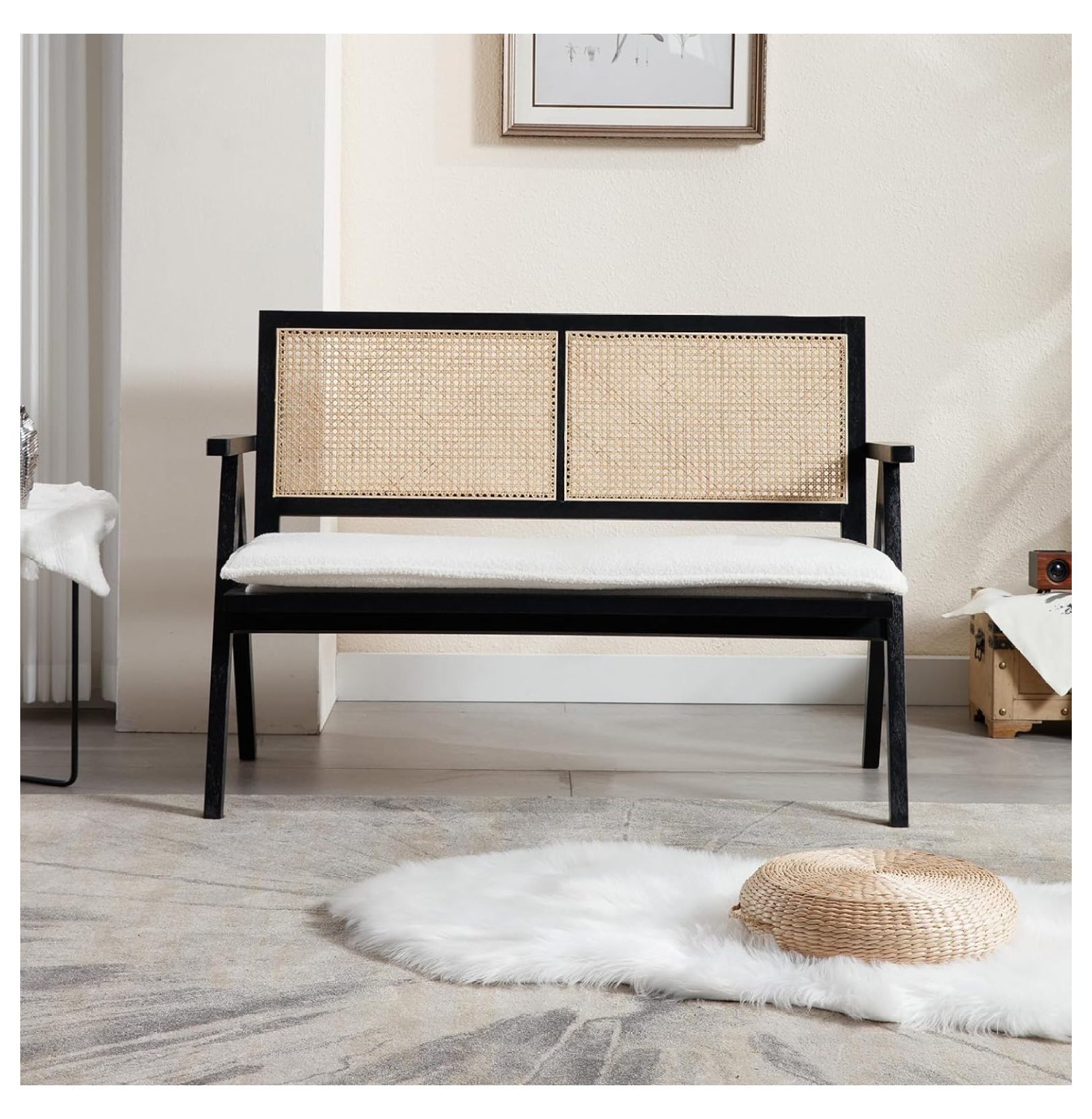 49.5" Dining Bench with Rattan Back,Upholstered Farmhouse Cane Bench