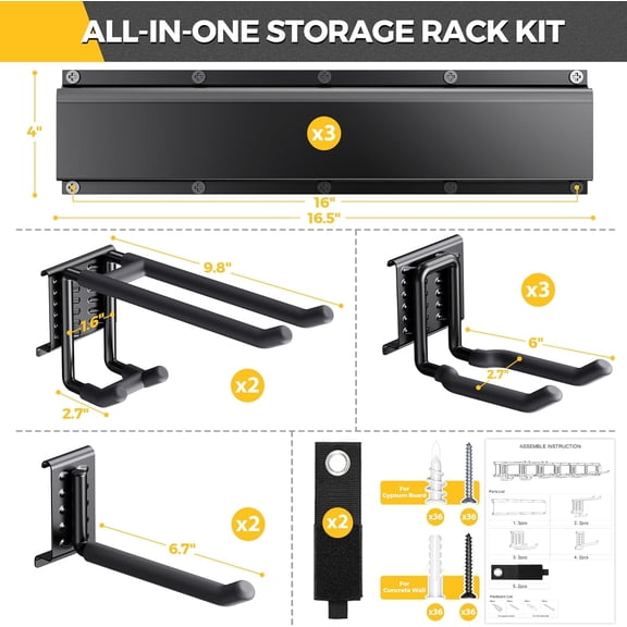 49.5 Inch Garage Tool Organizer Wall Mount Heavy Duty Storage Rack with Adjustable Hooks for Garden Yard Equipment