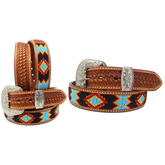 49-50 Men's Women Handmade Beaded Basket Weave Tooled Leather Belt 26RT01