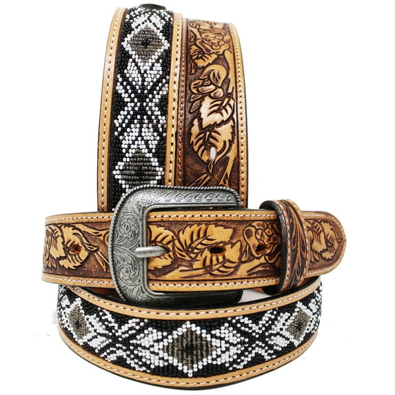 49-50 Unisex 1.5" Western Floral Tooled Beaded Full-Grain Leather Belt 26RT28A