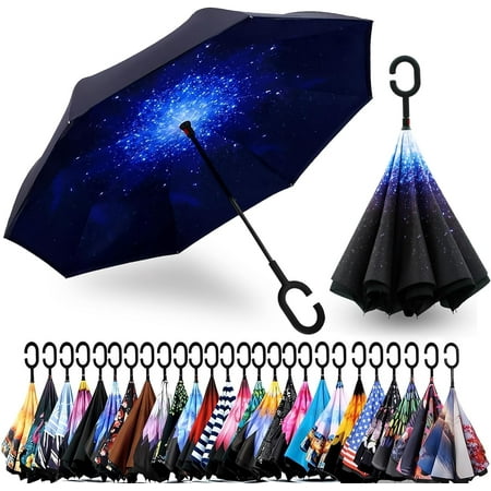 49/56 Inch Inverted Reverse Upside Down Umbrella, Extra Large Double Canopy Vented Windproof Waterproof Stick Golf Umbrellas with C-shape Handle.