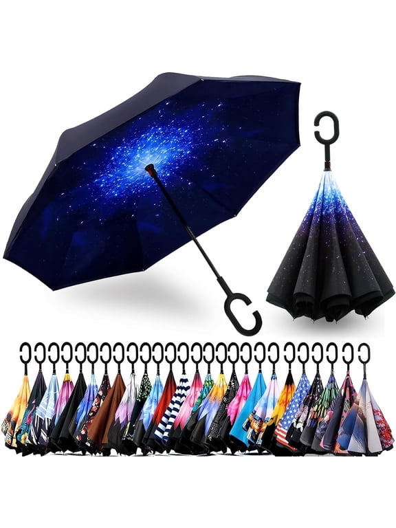 49/56 Inch Inverted Reverse Upside Down Umbrella, Extra Large Double Canopy Vented Windproof Waterproof Stick Golf Umbrellas with C-shape Handle.