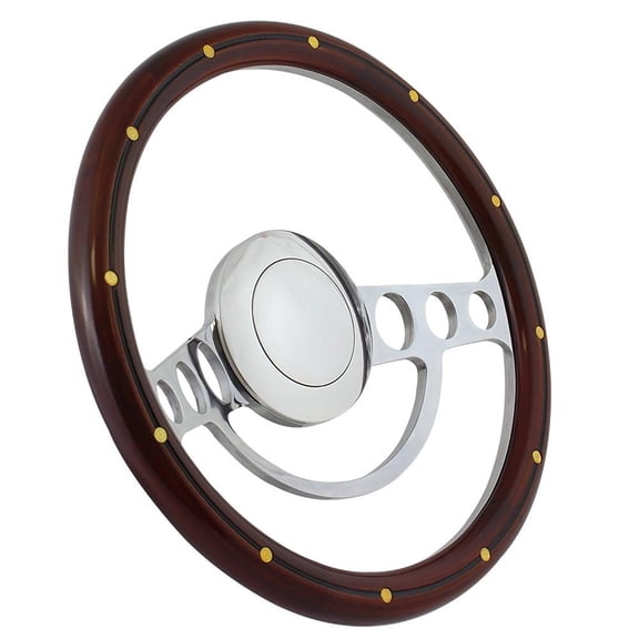 49-57 FORD Pick-up 14 Inch Polished (9 Hole) Classic Steering Wheel Mahogany Wood with Brass Rivets Half Wrap