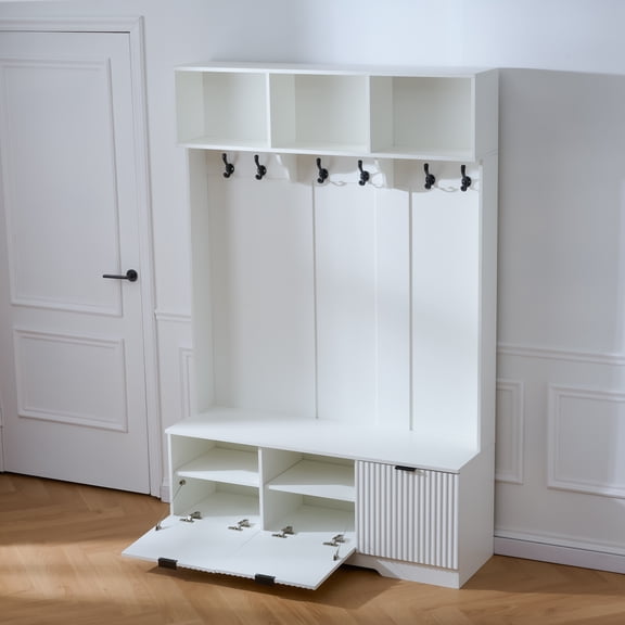 49.6 " 5-in-1 Hall Tree with Bench, Shoe Storage & 3 Open Storage Cabinets, Farmhouse Hall Tree with High Gloss Fluted Doors for Hallway Living Room