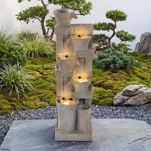 49.6 Inch 5-Tier Cascading Water Fountain, Freestanding Stone Textured Column Waterfall with Warm LED Lights, UV Weather Resistant, Low Noise Relaxing Zen Decor for Garden, Patio, Backyard & Porch