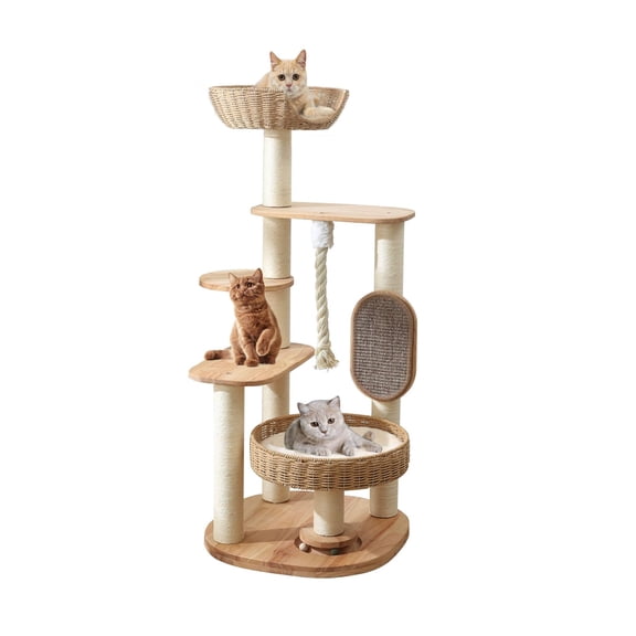 49.6IN Wooden Cat Tree Multi-level Condo For Indoor Large Cats