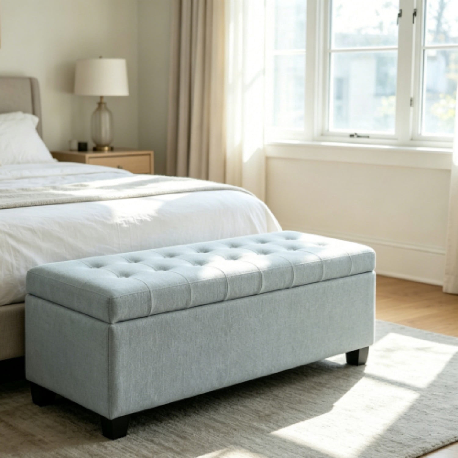 49.75" Storage Ottoman Bench, Tufted Entryway Bench with Safety Hinge, Wooden Legs Faux Leather Storage Seat for Bedroom Living Room, Baby Blue