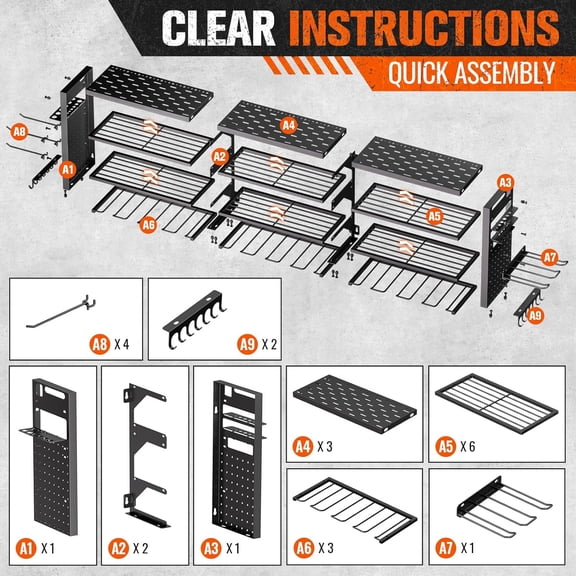 49.8" W Heavy Duty Power Tool Organizer Wall Mount with 14 Drill Holders, 4-Layer Garage Storage Rack, Black
