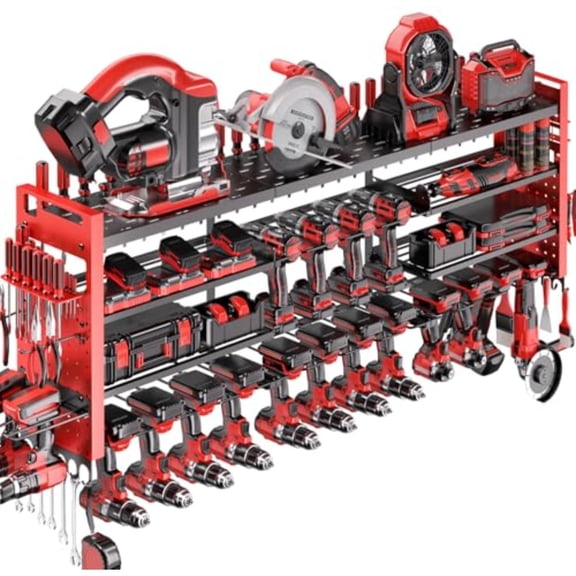 49.8 W Super Large Power Tool Organizer Wall Mount4-Layer Heavy Duty Tool Storage with 18 Cordless Drill Holder 600 lb Capacity Garage Organization for Garage and Workshop Red