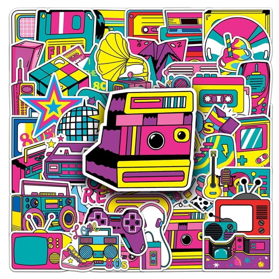 49 80s Retro Stickers, Vintage Vinyl Decals for Laptop, Water Bottle, Phone, Journal, Notebook, Skateboard, Neon Aesthetic Sticker Pack by STICKLUV