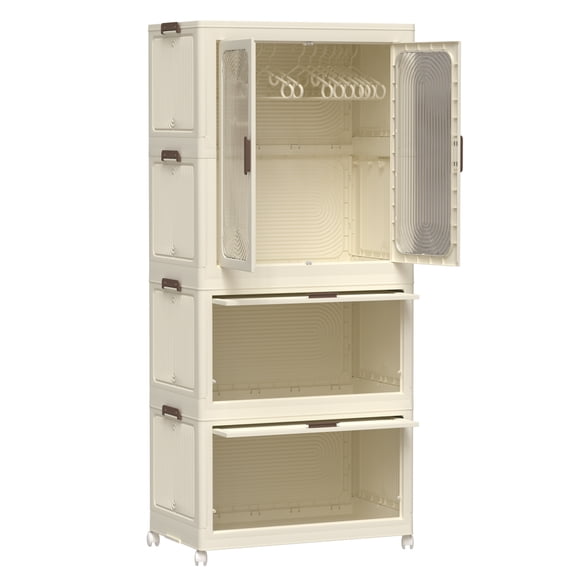 49.96 Inch Cream White PP Portable Modular Wardrobe Closet with Magnetic Doors, Hanging Rod & 4 Storage Cubes, Freestanding Kids Clothes Organizer Cabinet