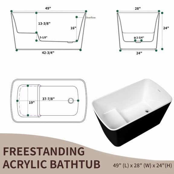 49'' Acrylic Freestanding Soaking Bathtub, Square-shape Japanese Soaking Hot Tub, Sit-In Design with Chrome Overflow and Drain, Available for Express Delivery, Glossy Black CM-26AMA-49B