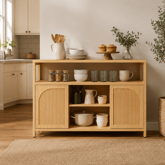 49" Bamboo Buffet Cabinet with Storage, Natural Sideboard Cabinet with 2 Doors, Wide Tabletop & Open Shelves, Sideboard Buffet Cabinet for Kitchen, Dining Room, Living Room, Entryway, Bathroom