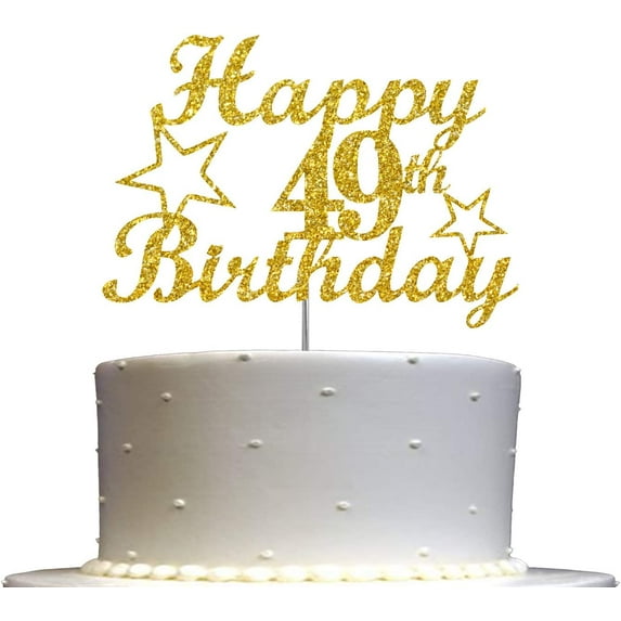49 Birthday Cake Topper Gold Glitter, Party Decoration Ideas, Sturdy Doubled Sided Glitter, Acrylic Stick. Made in USA (49th)
