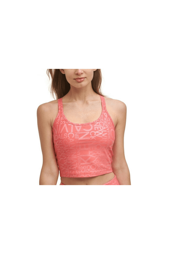 $49 Calvin Klein Women Strappy-Back CK Allover Sports Lined Bralette, Orange, L