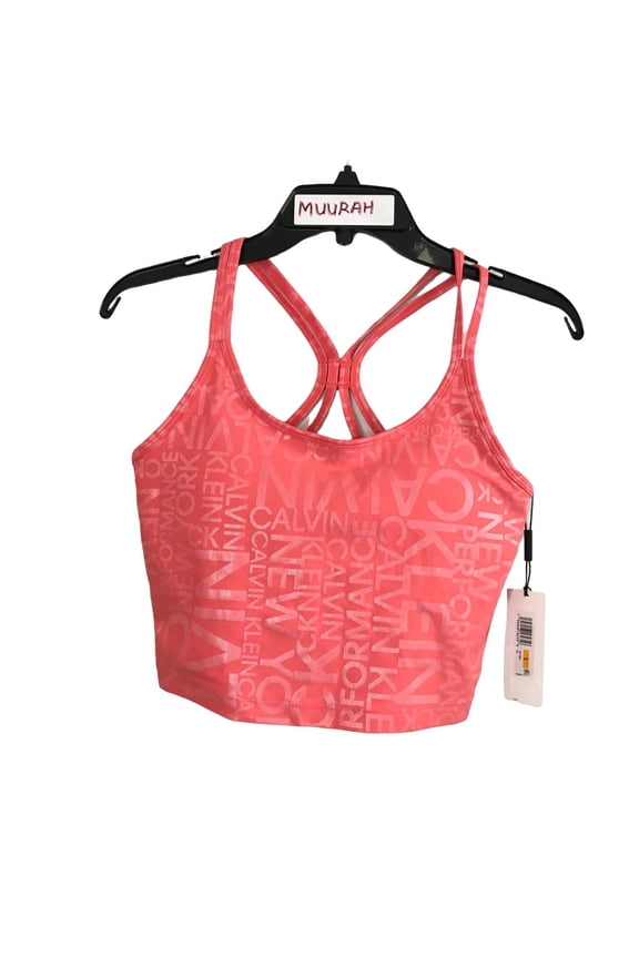 $49 Calvin Klein Women Strappy-Back CK Allover Sports Lined Bralette, Orange, S