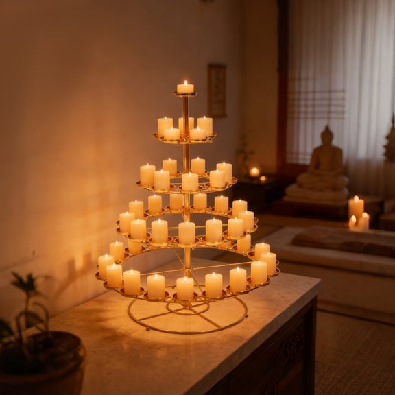 49 Candle Holders Ghee Lamp Stand, 5-Tier Tree Shaped Metal Candelabra with Electroplated Gold Finish, Large Floor & Tabletop Candle Holder for Wedding Christmas Meditation Altar Decor