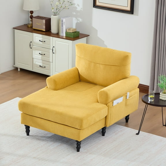 49" Chaise Lounge Chair with Wide Backrest and Soft Armrest, Upholstered Reading Chair with Side Pocket and Gourd Legs, Recliner Sleeper Sofa for Living Room, Bedroom, Office, Mustard Yellow