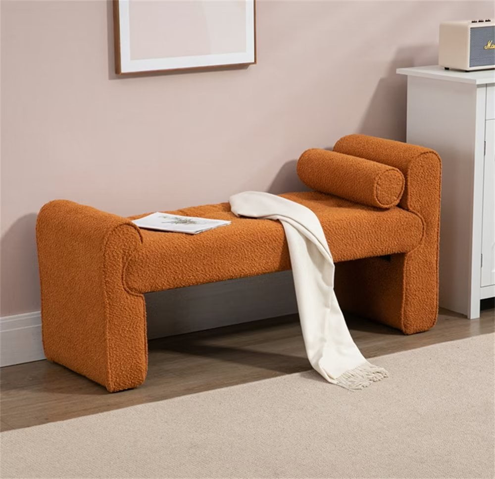 49" End of Bed Bench, Boucle Upholstered Ottoman Bench with Solid Wood